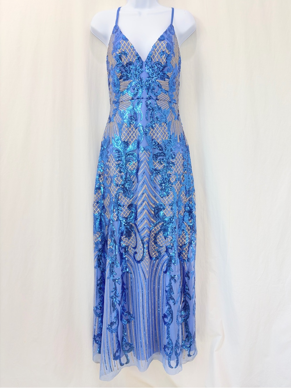 Angel Fashions blue silver sequin formal halter gown Size Small Evening Party